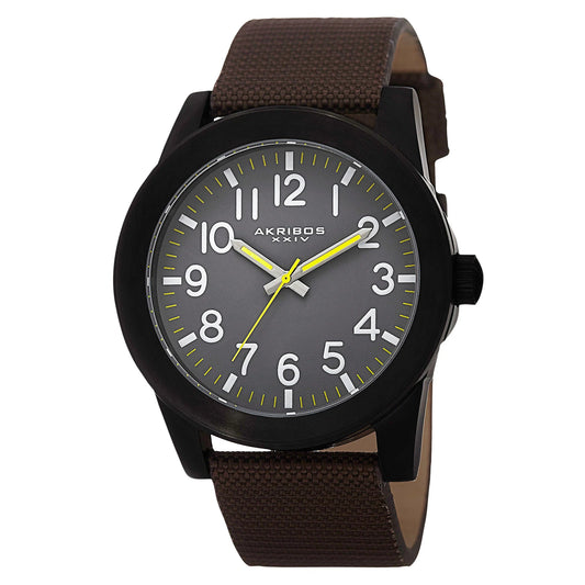 Akribos XXIV Black Ion Plated Stainless Steel Case on Brown Strap, Gray Dial with White Hands