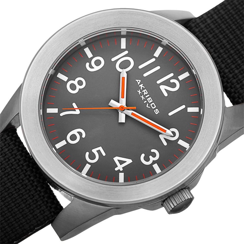 Akribos XXIV Stainless Steel Case on Black Strap, Gray Dial with White Hands