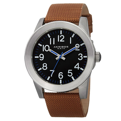 Akribos XXIV Stainless Steel Case on Cognac Strap, Black Dial with White Hands