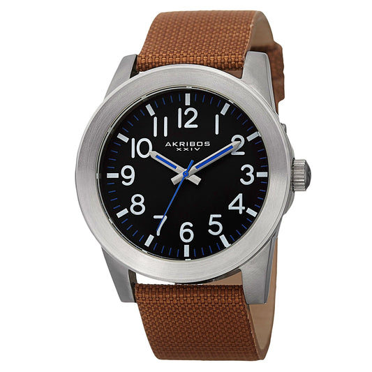 Akribos XXIV Stainless Steel Case on Cognac Strap, Black Dial with White Hands