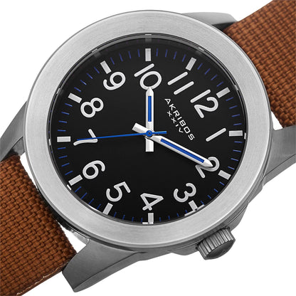 Akribos XXIV Stainless Steel Case on Cognac Strap, Black Dial with White Hands