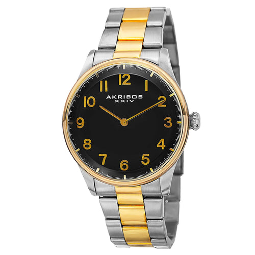 Akribos XXIV Two Tone Flashed Alloy Case on Two Tone Bracelet, Black Dial with Gold Tone Hands