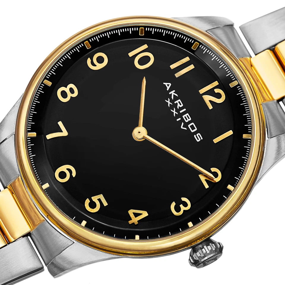 Akribos XXIV Two Tone Flashed Alloy Case on Two Tone Bracelet, Black Dial with Gold Tone Hands