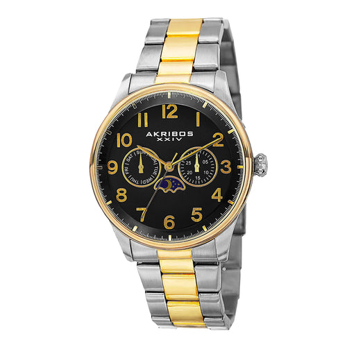Akribos XXIV Two Tone Flashed Alloy Case on Two Tone Bracelet, Black Dial with Gold Tone Hands