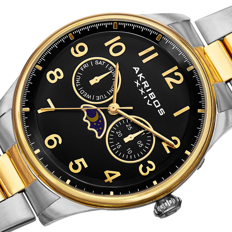Akribos XXIV Two Tone Flashed Alloy Case on Two Tone Bracelet, Black Dial with Gold Tone Hands