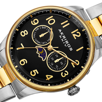 Akribos XXIV Two Tone Flashed Alloy Case on Two Tone Bracelet, Black Dial with Gold Tone Hands