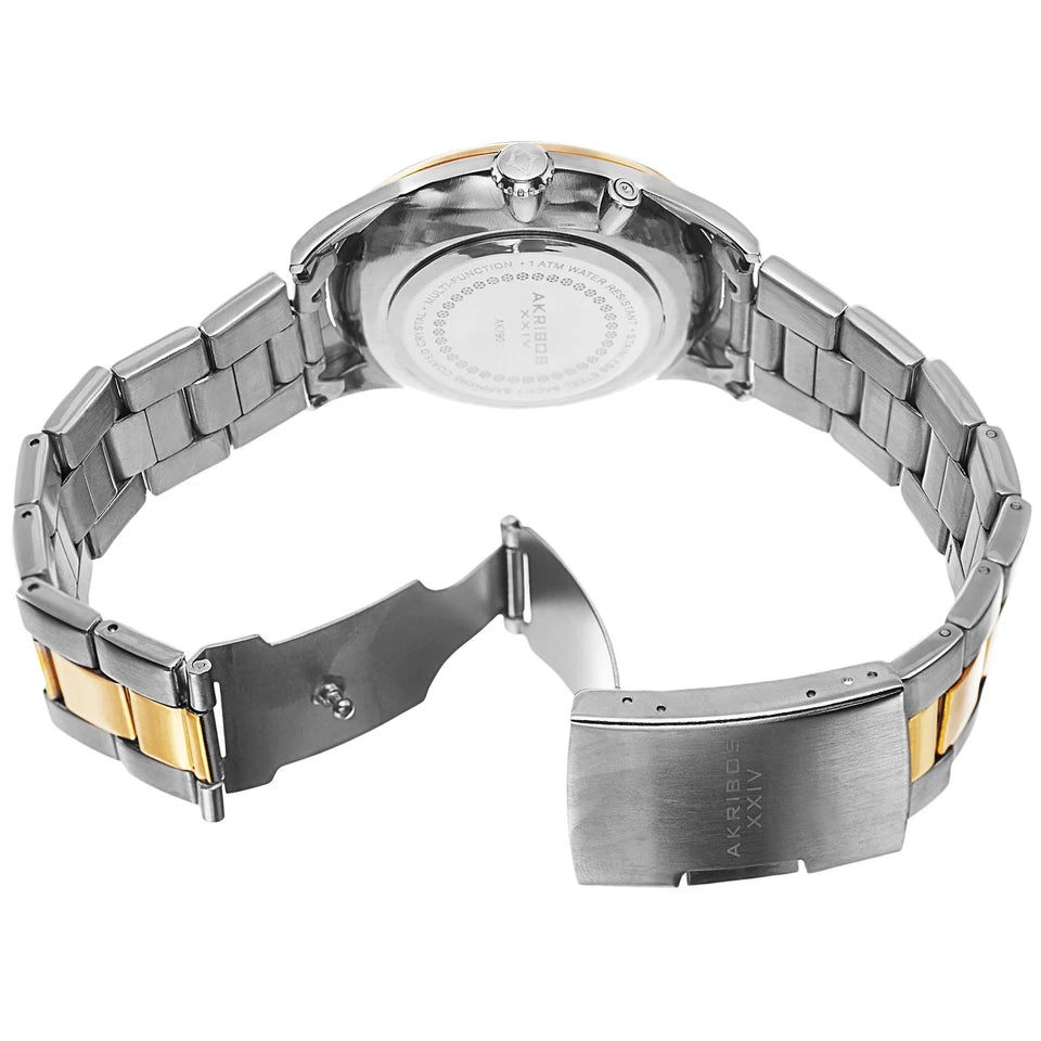 Akribos XXIV Two Tone Flashed Alloy Case on Two Tone Bracelet, Black Dial with Gold Tone Hands