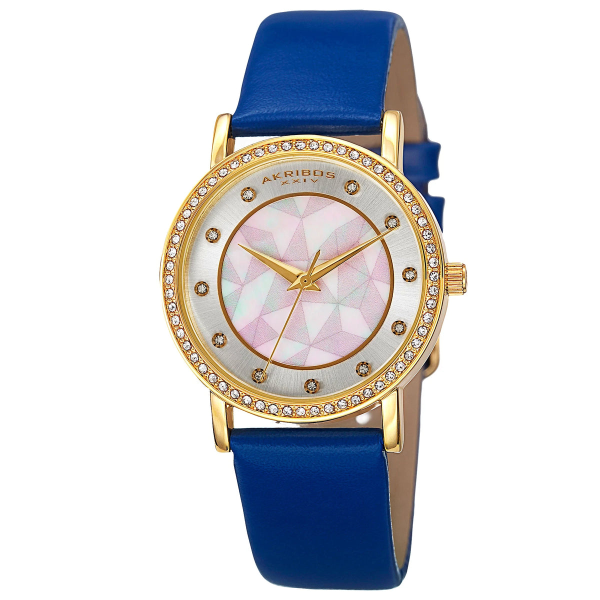 Akribos XXIV Yellow Gold Ion Plated Alloy Case on Blue Strap, White Mother of Pearl and Silver Dial with Gold Tone Hands