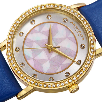 Akribos XXIV Yellow Gold Ion Plated Alloy Case on Blue Strap, White Mother of Pearl and Silver Dial with Gold Tone Hands