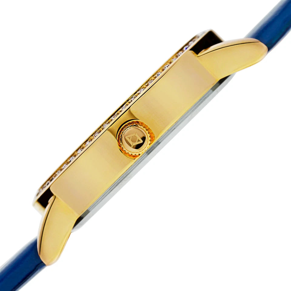 Akribos XXIV Yellow Gold Ion Plated Alloy Case on Blue Strap, White Mother of Pearl and Silver Dial with Gold Tone Hands