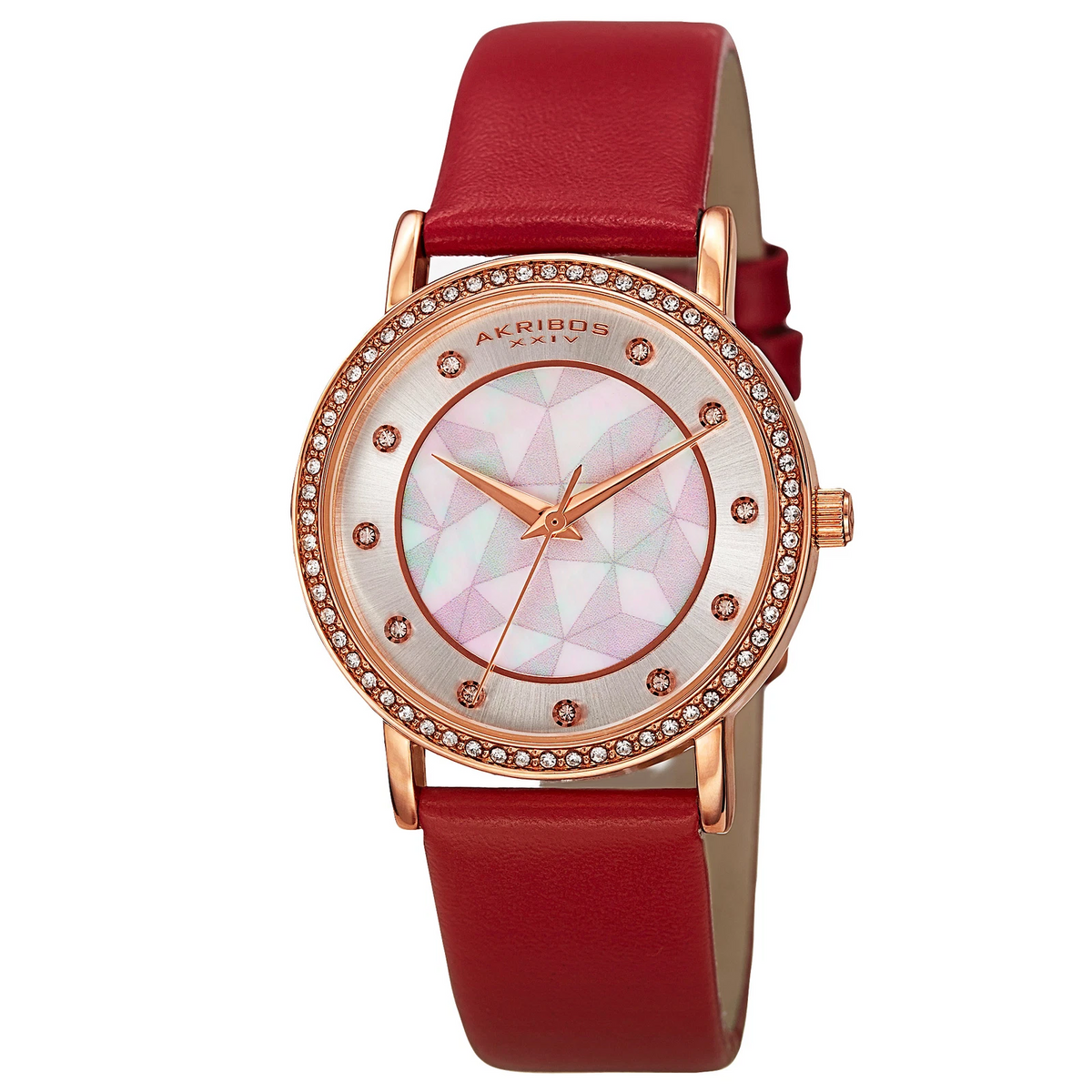 Akribos XXIV Rose Gold Ion Plated Alloy Case on Red Strap, White Mother of Pearl and Silver Dial with Rose Gold Tone Hands