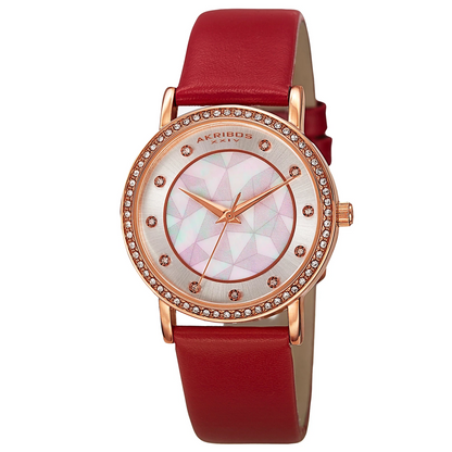 Akribos XXIV Rose Gold Ion Plated Alloy Case on Red Strap, White Mother of Pearl and Silver Dial with Rose Gold Tone Hands