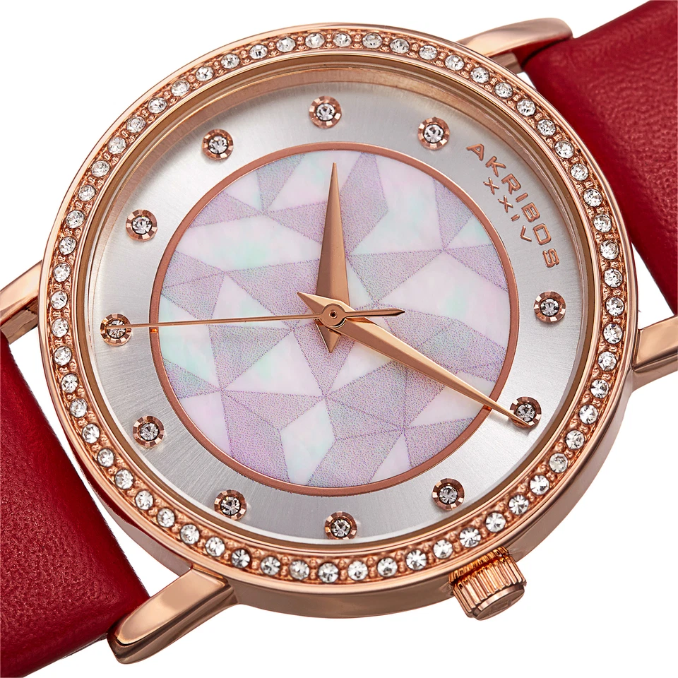 Akribos XXIV Rose Gold Ion Plated Alloy Case on Red Strap, White Mother of Pearl and Silver Dial with Rose Gold Tone Hands
