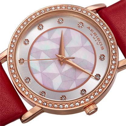 Akribos XXIV Rose Gold Ion Plated Alloy Case on Red Strap, White Mother of Pearl and Silver Dial with Rose Gold Tone Hands