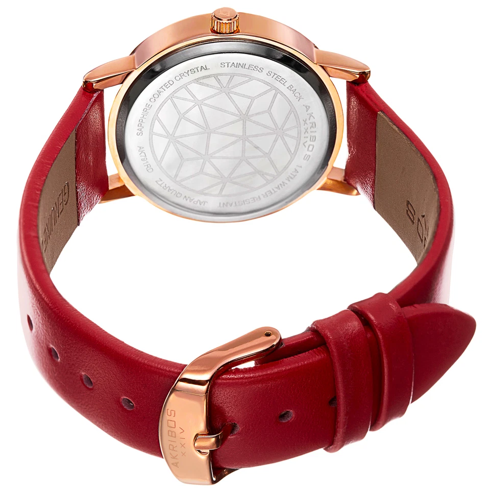 Akribos XXIV Rose Gold Ion Plated Alloy Case on Red Strap, White Mother of Pearl and Silver Dial with Rose Gold Tone Hands