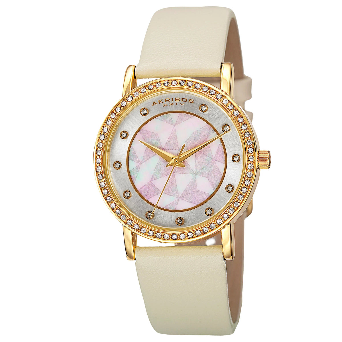 Akribos XXIV Yellow Gold Ion Plated Alloy Case on Cream Strap, White Mother of Pearl and Silver Dial with Gold Tone Hands