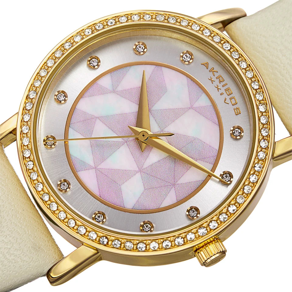 Akribos XXIV Yellow Gold Ion Plated Alloy Case on Cream Strap, White Mother of Pearl and Silver Dial with Gold Tone Hands