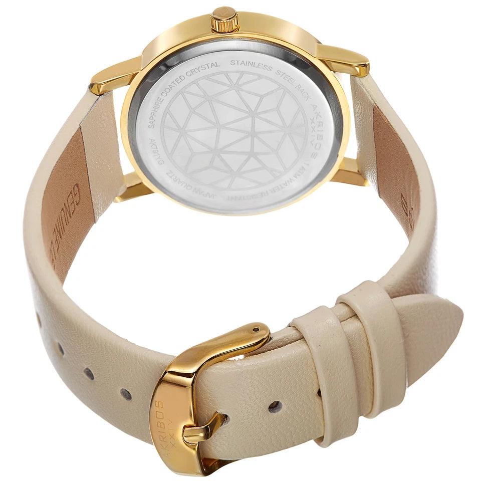 Akribos XXIV Yellow Gold Ion Plated Alloy Case on Cream Strap, White Mother of Pearl and Silver Dial with Gold Tone Hands