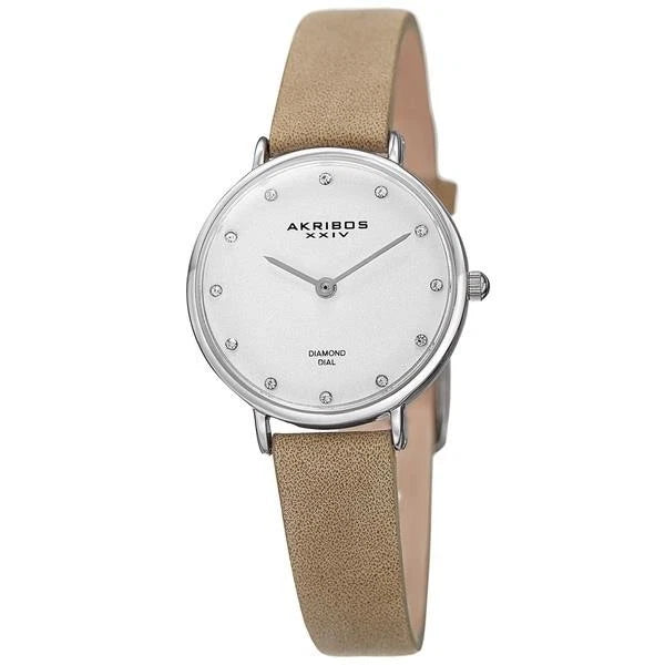 Akribos XXIV Silver Tone Case on Beige Strap, Silver Dial with Silver Tone Hands