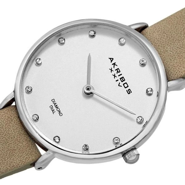 Akribos XXIV Silver Tone Case on Beige Strap, Silver Dial with Silver Tone Hands
