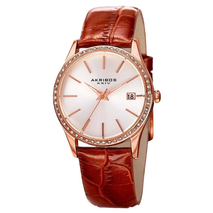 Akribos XXIV Rose Gold Tone Case on Brown Strap, Silver Dial with Rose Gold Tone Hands