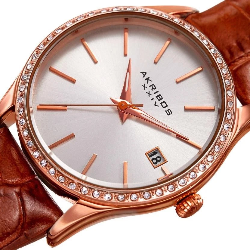 Akribos XXIV Rose Gold Tone Case on Brown Strap, Silver Dial with Rose Gold Tone Hands