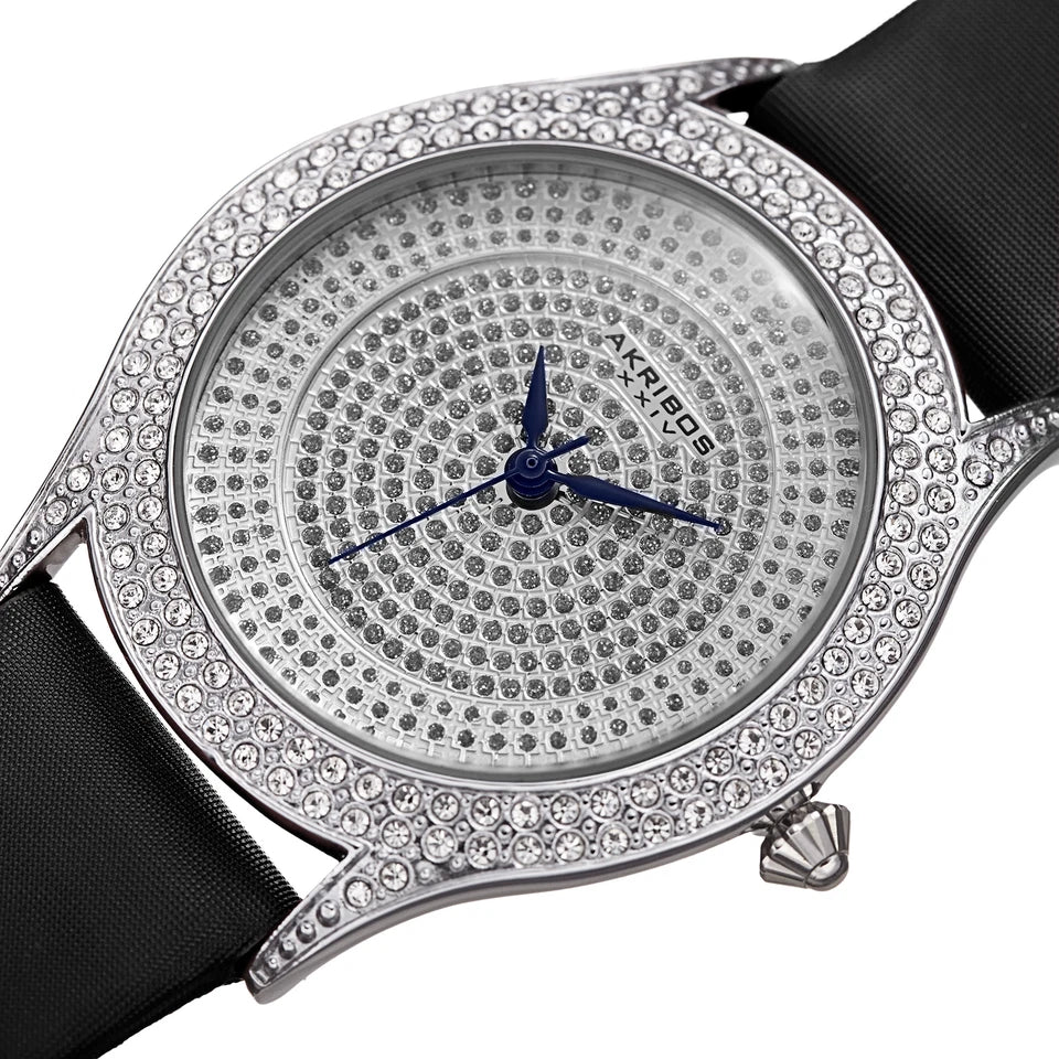 Akribos XXIV Silver Tone Case on Black Strap, Silver Dial with Blued Steel Hands