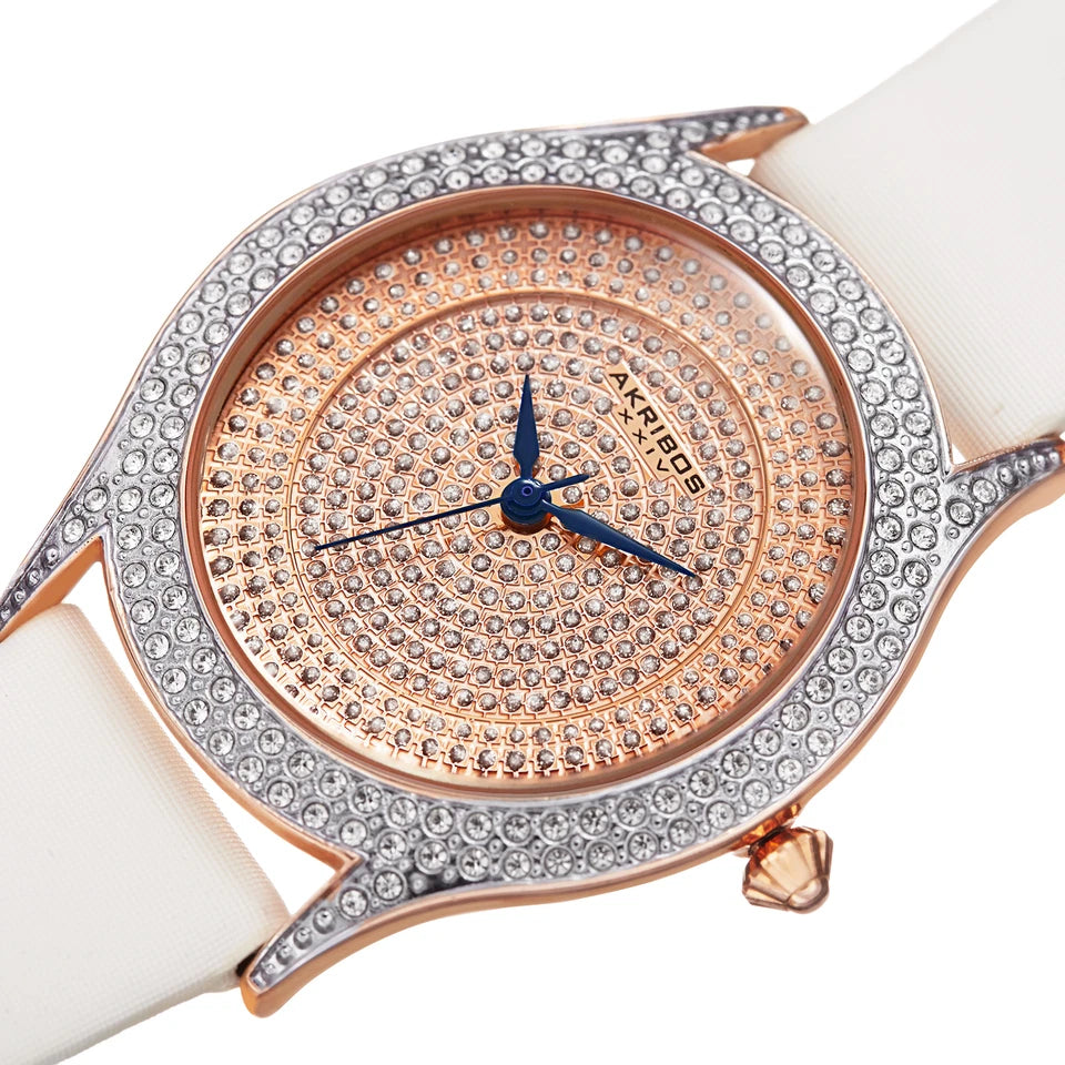 Akribos XXIV Rose Gold Tone Case on Cream Strap, Rose Gold Dial with Blued Steel Hands