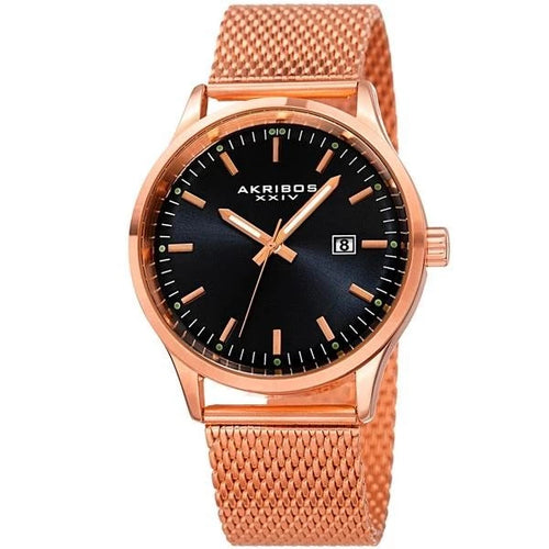 Akribos XXIV Rose Gold Tone Case on Rose Gold Bracelet, Black Dial with Rose Gold Tone Hands