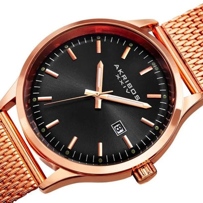 Akribos XXIV Rose Gold Tone Case on Rose Gold Bracelet, Black Dial with Rose Gold Tone Hands