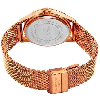 Akribos XXIV Rose Gold Tone Case on Rose Gold Bracelet, Black Dial with Rose Gold Tone Hands
