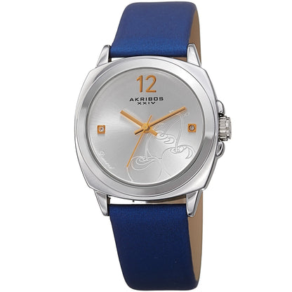 Akribos XXIV Silver Tone Case on Blue Satin Strap, Silver dial with Cherry Etched Design
