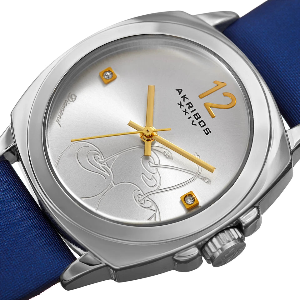 Akribos XXIV Silver Tone Case on Blue Satin Strap, Silver dial with Cherry Etched Design