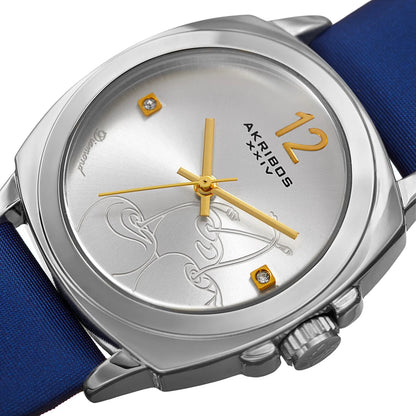 Akribos XXIV Silver Tone Case on Blue Satin Strap, Silver dial with Cherry Etched Design