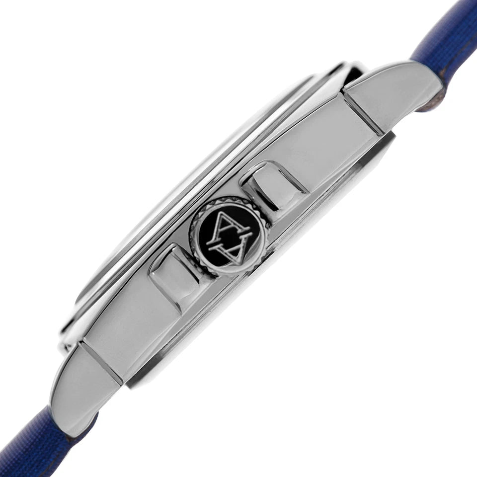 Akribos XXIV Silver Tone Case on Blue Satin Strap, Silver dial with Cherry Etched Design