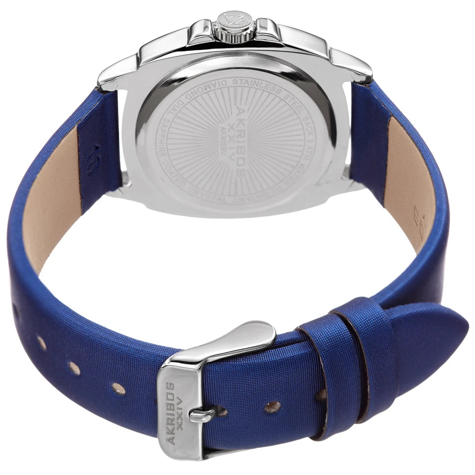Akribos XXIV Silver Tone Case on Blue Satin Strap, Silver dial with Cherry Etched Design