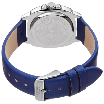 Akribos XXIV Silver Tone Case on Blue Satin Strap, Silver dial with Cherry Etched Design