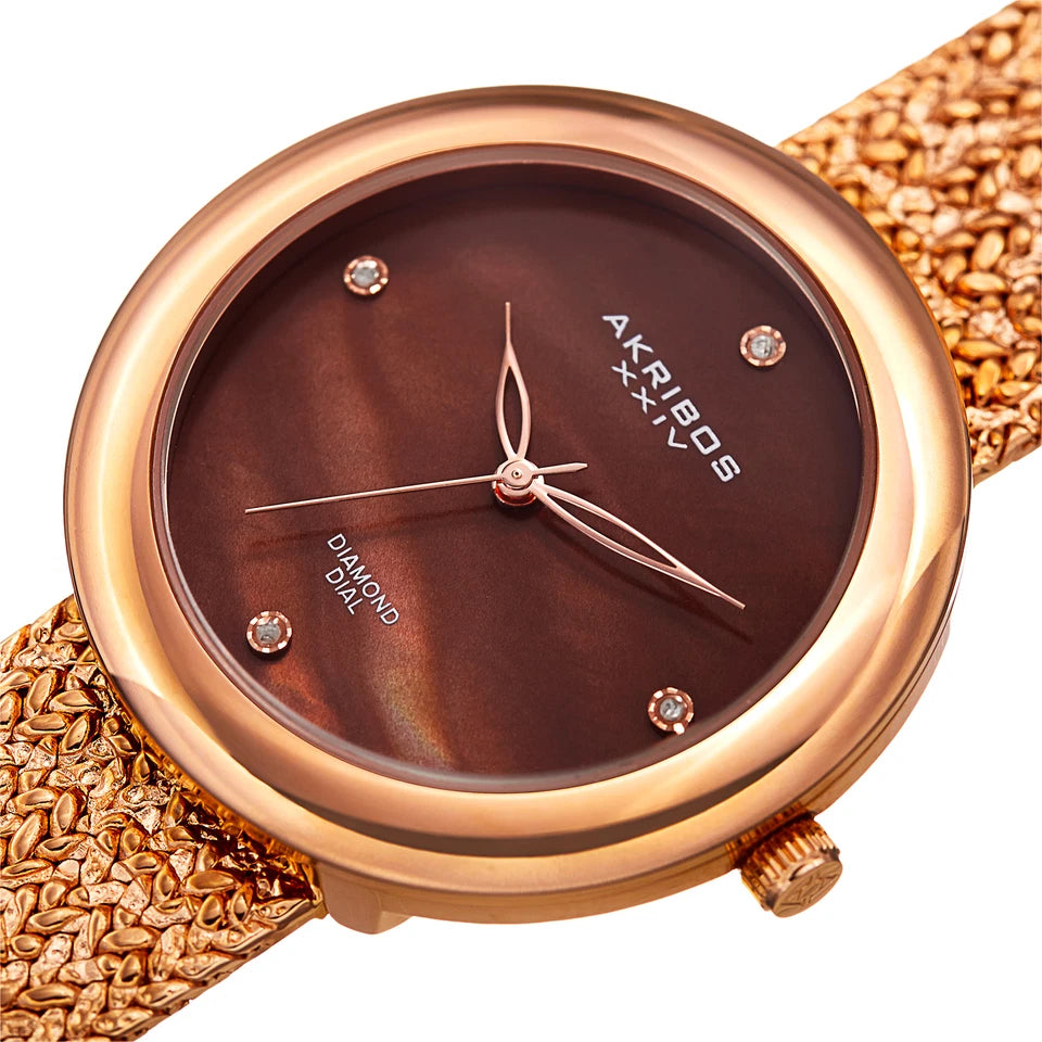 Akribos XXIV Rose Gold Ion Plated Round Case Watch on Rose Gold Nougat Textured Bracelet
