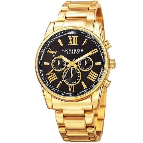 Akribos XXIV Gold Tone Case on Yellow Gold Bracelet, Black Dial with Gold Tone Hands