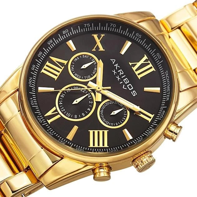 Akribos XXIV Gold Tone Case on Yellow Gold Bracelet, Black Dial with Gold Tone Hands