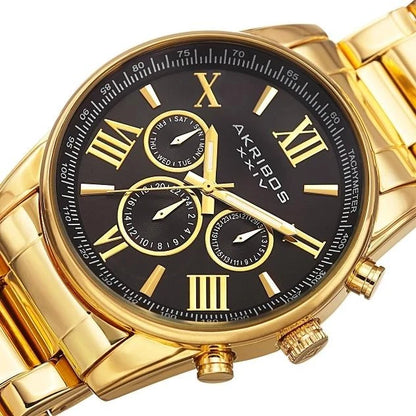 Akribos XXIV Gold Tone Case on Yellow Gold Bracelet, Black Dial with Gold Tone Hands