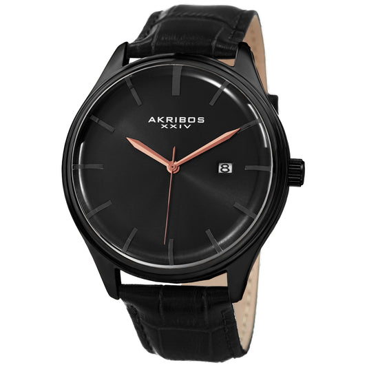 Akribos XXIV Black Case on Black Strap, Black Dial with Rose Gold Tone Hands