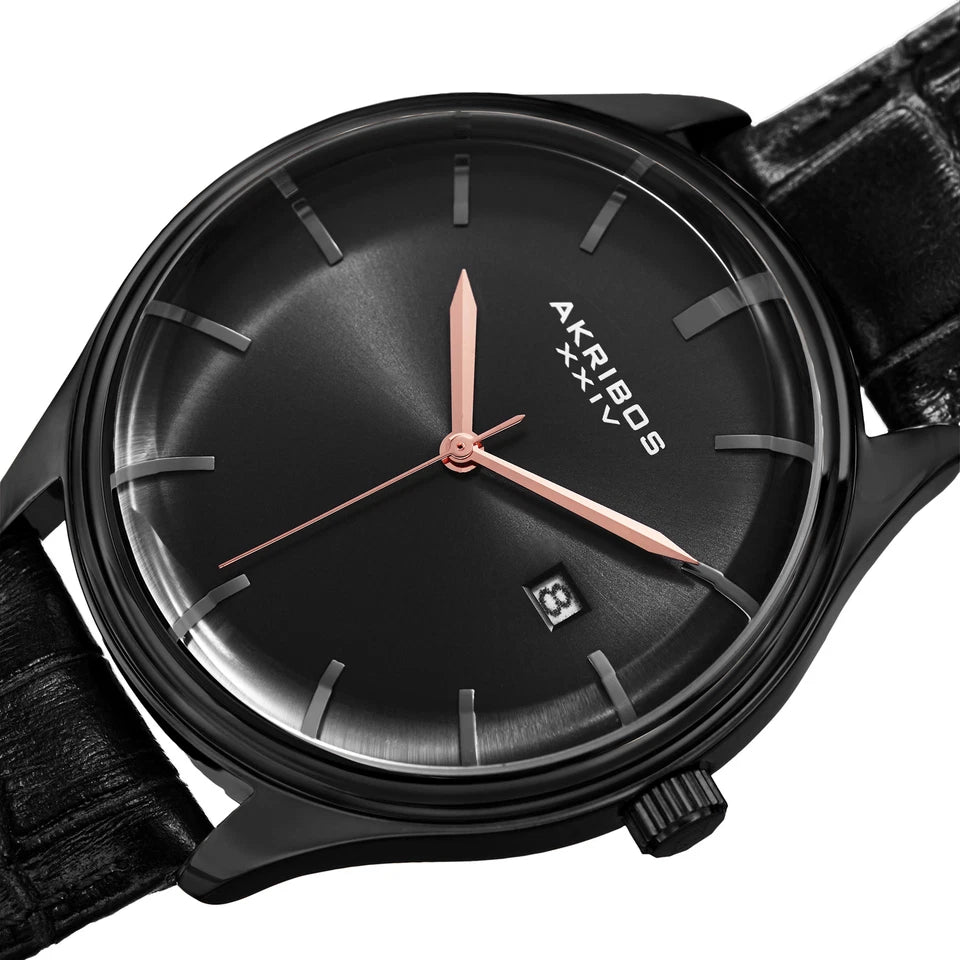 Akribos XXIV Black Case on Black Strap, Black Dial with Rose Gold Tone Hands