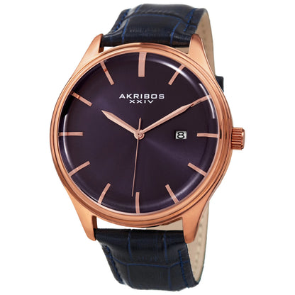 Akribos XXIV Rose Gold Tone Case on Blue Strap, Blue Dial with Rose Gold Tone Hands