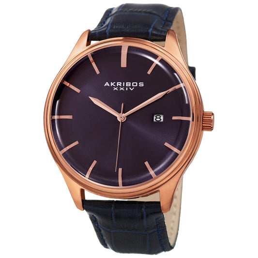 Akribos XXIV Rose Gold Tone Case on Blue Strap, Blue Dial with Rose Gold Tone Hands