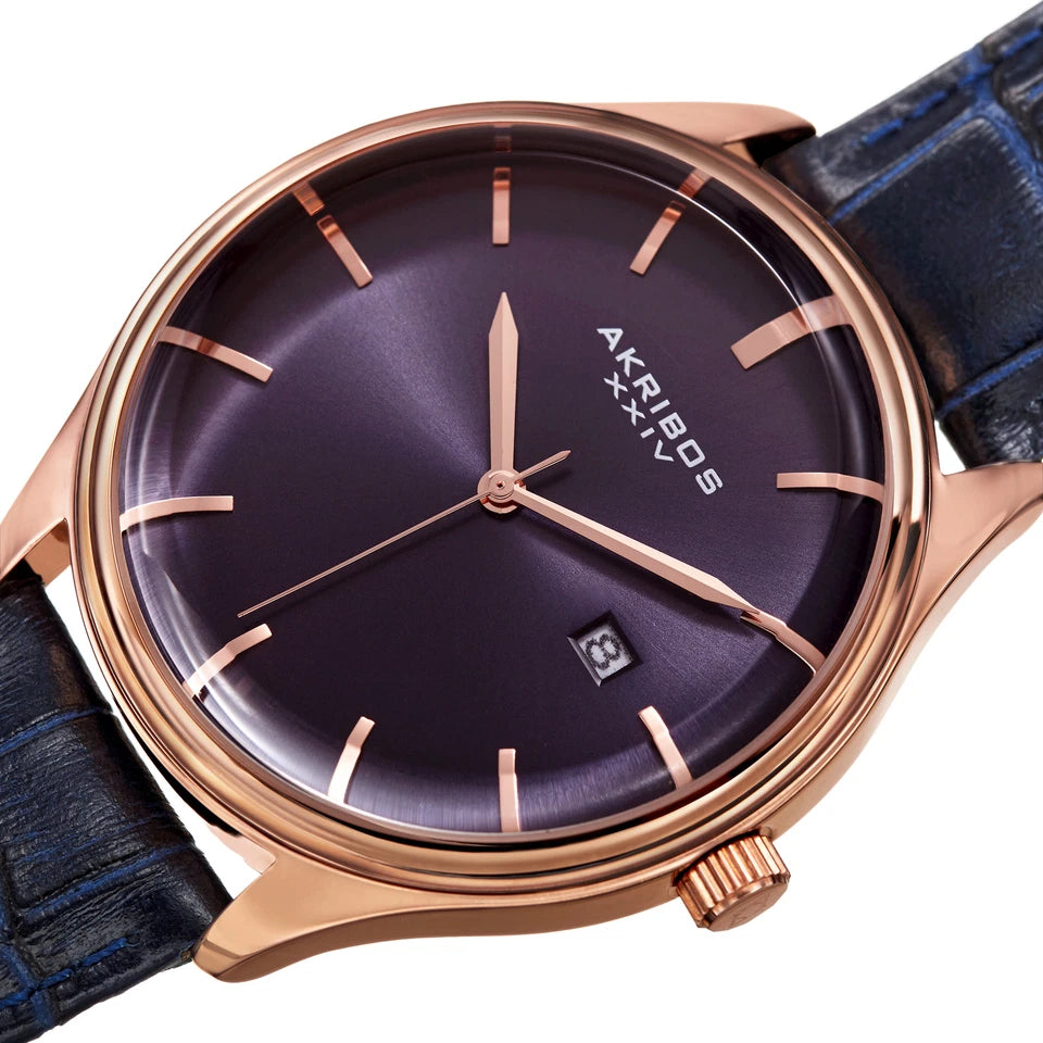 Akribos XXIV Rose Gold Tone Case on Blue Strap, Blue Dial with Rose Gold Tone Hands