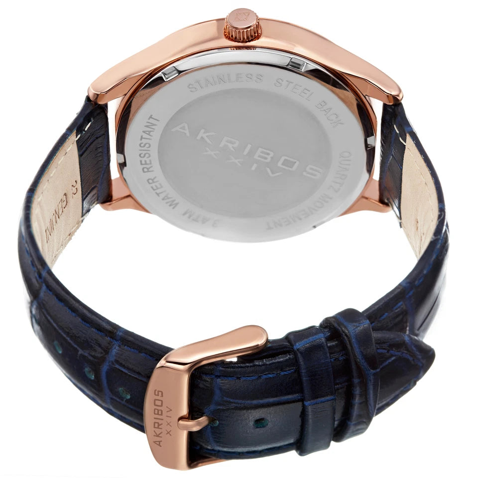 Akribos XXIV Rose Gold Tone Case on Blue Strap, Blue Dial with Rose Gold Tone Hands
