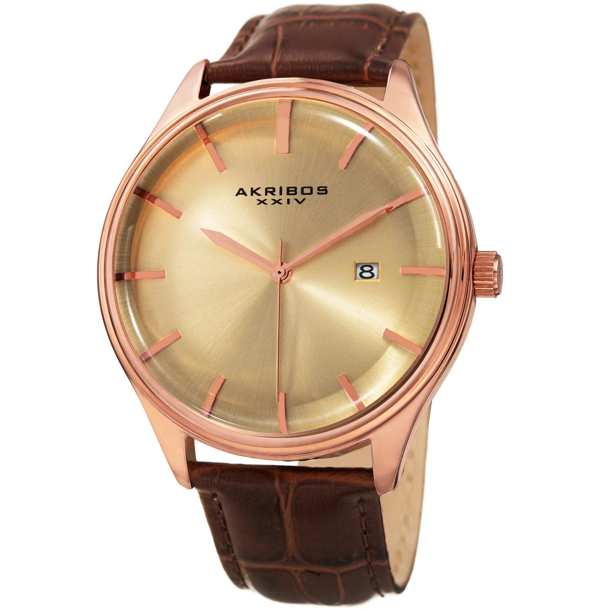 Akribos XXIV Rose Gold Tone Case on Brown Strap, Gold Dial with Rose Gold Tone Hands