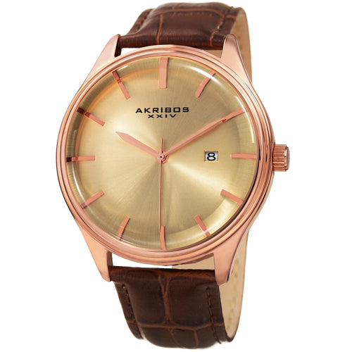 Akribos XXIV Rose Gold Tone Case on Brown Strap, Gold Dial with Rose Gold Tone Hands