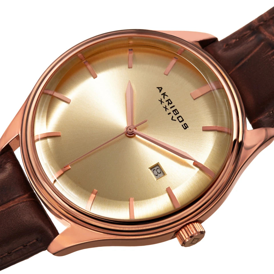 Akribos XXIV Rose Gold Tone Case on Brown Strap, Gold Dial with Rose Gold Tone Hands